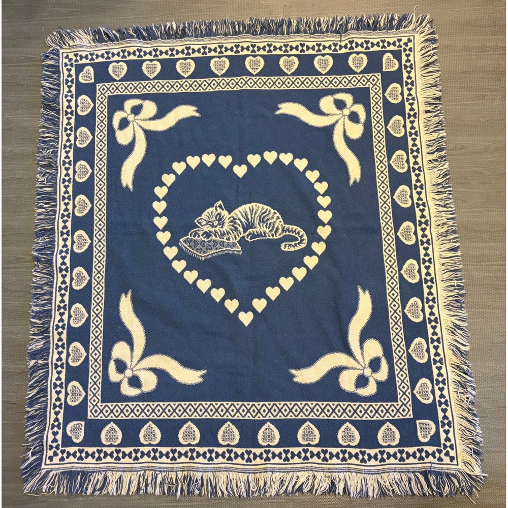 Vintage Woven Throw Blanket Blue Cat Heart Bow Cottagecore Tapestry Spain Fringe